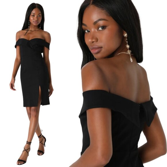 NWT Lulus Classic Glam Black Off-the-Shoulder Bodycon Dress Women's Medium Party - Picture 1 of 16